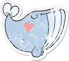 verontruste sticker van een cartoonwalvis met liefdeshart vector