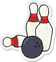 sticker van een bowlingcartoon met tien pinnen vector