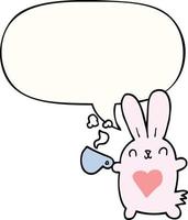 schattige cartoon konijn en liefde hart en koffiekopje en tekstballon vector
