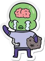 sticker van een cartoon big brain alien die huilt en vaarwel zwaait vector