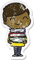 verontruste sticker van een tekenfilmjongen met lachende boeken vector