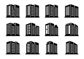 perspectief pictogrammen gebouwen en vector bedrijf ingesteld op witte achtergrond, zwarte kantoor en bank collectie