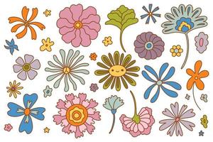 grote set retro hippe bloemen. verzameling vectorbloemen in hippiestijl vector