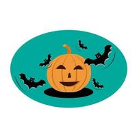 Halloween-pompoen met vleermuizen op blauwe achtergrond. sticker, flyer, ansichtkaart, logo, embleem, poster, t-shirt, item. vector