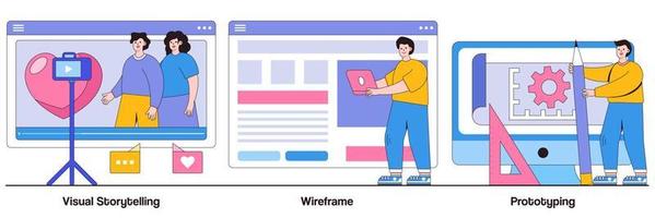 visual storytelling, wireframe en prototyping concept met mensenkarakter. webpagina-indeling abstracte vector illustratie set. gebruikerservaring, ontwerpconcept, landingspagina, digitale applicatie