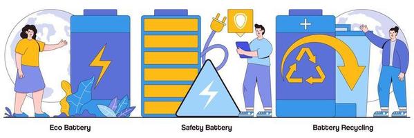 eco-batterij, veiligheidsbatterij en batterijrecycling geïllustreerd pakket vector