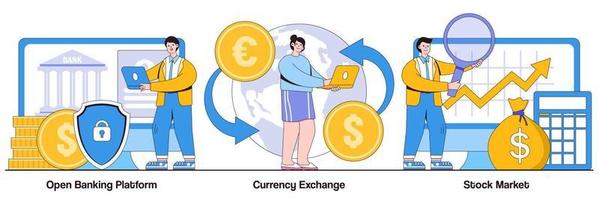 open bankplatform, valutawissel en geïllustreerd pakket op de aandelenmarkt vector