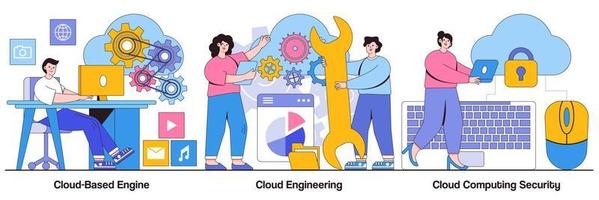 cloudgebaseerde engine, cloud-engineering en computerbeveiliging geïllustreerd pakket vector