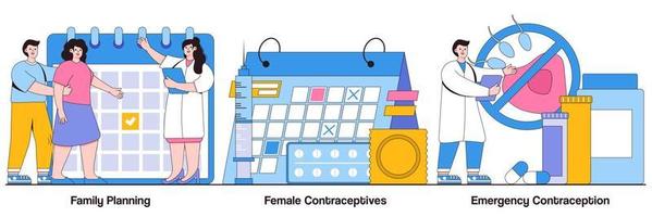 gezinsplanning, vrouwelijke anticonceptiva, noodanticonceptie met illustraties van personenpersonages vector