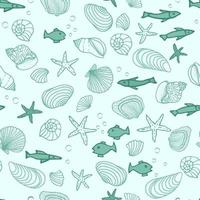 naadloos patroon met vispictogrammen, schelpen, zeester op een blauwe achtergrond. vector illustratie