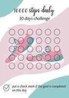 10000 stappen dagelijkse activity tracker. loop elke dag voor de gezondheid. persoonlijke 30 dagen uitdaging afdrukbare sjabloon. goede gewoonte walking tracker leeg. vector illustratie