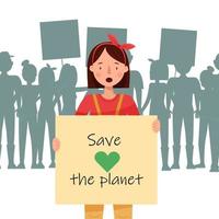meisjesprotest voor een veilige planeet, groen, met veel mensen op de achtergrond vector