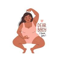 lichaam positief hou van je lichaam offerte platte ontwerp vectorillustratie. mooie zwarte vrouw plus maat. lief lichaam, ik hou van je vector