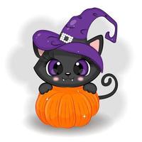 Halloween schattige zwarte kat met een pompoen, vectorillustratie afdrukken vector