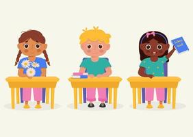 schoolkinderen met schoolbenodigdheden zitten aan een schoolbank. kinderen met rugzakken en boeken. kleurrijke stripfiguren. platte vectorillustratie. vector