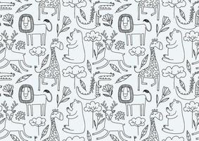 schattig naadloos patroon met wilde dieren lijntekeningen. vector