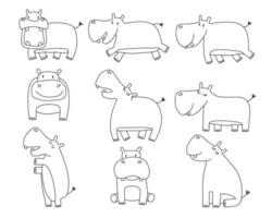 cartoon grote reeks schattige doodle nijlpaard. vector