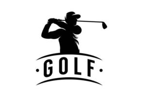 golf logo met silhouet van persoon swingende golfstick. vector