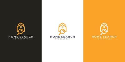 huis zoeken logo sjabloon. vectorontwerp van huis en vergrootglas. vector