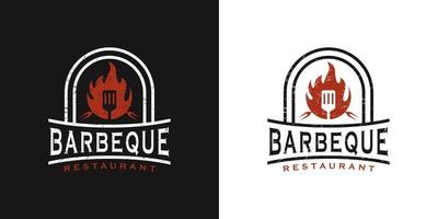 bbq retro vintage design logo met spatel logo en vuur concept in combinatie vector