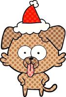 stripboekstijlillustratie van een hond met een tong die uitsteekt en een kerstmuts draagt vector