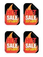 hete verkoop. zwarte stickers set met rode vlam. verkoop stickers 15, 25, 35, 45 procent korting. vector illustratie