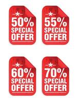 rode verkoopstickers speciale aanbieding 50, 55, 60, 70 procent korting vector