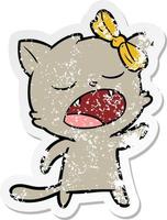 verontruste sticker van een cartoonkat die miauwt vector