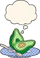 cartoon avocado en gedachte bel in stripboekstijl vector
