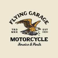 handgetekende vintage stijl van motorfiets en garage logo badge vector