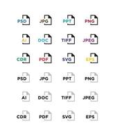 pictogrammen voor het uitbreiden van formaten. bestandspictogrammen. vector plat pictogrammen met verloop, geïsoleerd op een witte achtergrond. modieuze stijl. pictogrammen voor website en print. pictogrammen van bestanden png, jpeg, ai, esp, cdr