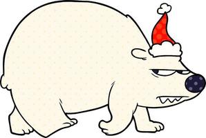 stripboekstijlillustratie van een boze ijsbeer die een kerstmuts draagt vector
