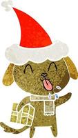 leuke retro cartoon van een hond met kerstcadeau met een kerstmuts vector