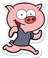 sticker van een vrolijk varken dat tekenfilm uitoefent vector