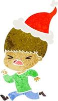 retro cartoon van een gestresste man met een kerstmuts vector
