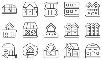 set van vector iconen gerelateerd aan type huizen. bevat iconen als eigenaar, herenhuis, modern huis, penthouse, shack, paalwoning en meer.