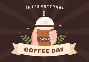 internationale koffiedag op 1 oktober handgetekende cartoon vlakke afbeelding met cacaobonen en een glas warme drank ontwerp