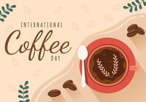 internationale koffiedag op 1 oktober handgetekende cartoon vlakke afbeelding met cacaobonen en een glas warme drank ontwerp