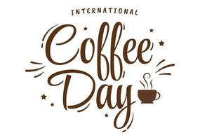internationale koffiedag op 1 oktober handgetekende cartoon vlakke afbeelding met cacaobonen en een glas warme drank ontwerp vector