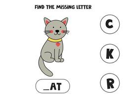 vind ontbrekende brief met schattige grijze kat. werkblad spelling. vector