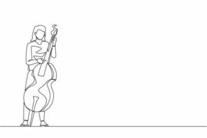 continue één lijntekening contrabassist staande met groot snaarinstrument. vrouw muzikant klassieke muziek spelen met vingers. professionele contrabassist. enkele lijn grafisch ontwerp vector