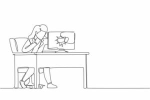 enkele doorlopende lijntekening boze zakenvrouw breekt haar laptopcomputer te raken met gebalde vuist zittend aan een bureau. gefrustreerde vrouw die een gat in het pc-scherm slaat. één regel grafisch ontwerp vector
