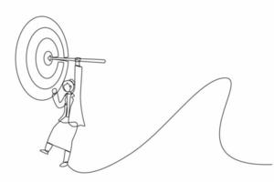 continu één lijntekening zakenvrouw opknoping pijl op doel, zakelijk succes concept. zakenvrouw hangende pijl op doel. doelen stellen. enkele lijn tekenen ontwerp vector grafische afbeelding