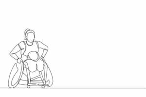 enkele één lijntekening gehandicapte sportvrouw speelt rugby op rolstoelsportcompetitie. rugbyspeler in rolstoel. atleet met een lichamelijke aandoening. ononderbroken lijntekening ontwerp grafische vector