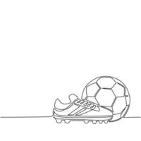 enkele een lijntekening voetbalschoenen en voetbal. voetbal icoon. voetbal laarzen. sport inventaris. competitief en competitiespeltoernooi. doorlopende lijn tekenen ontwerp vectorillustratie vector