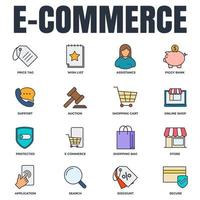 set van e-commerce pictogram logo vectorillustratie. winkelwagen, verlanglijstje, spaarvarken, zoeken, veilig, beschermd schild en meer pack-symboolsjabloon voor grafische en webdesigncollectie vector