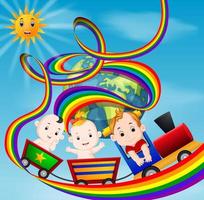 schattige baby en train op de regenboog vector