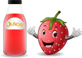 fles aardbeiensap met schattige aardbeiencartoon vector