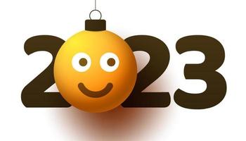 wenskaart voor het nieuwe jaar van 2023 met lachend emoji-gezicht dat aan een draad hangt als een kerstspeelgoed, bal of snuisterij. nieuwjaar emotie concept vectorillustratie vector