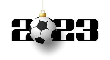 2023 voetbal gelukkig nieuwjaar. sport wenskaart met gouden voetbal en voetbal bal op de luxe achtergrond. vectorillustratie. vector